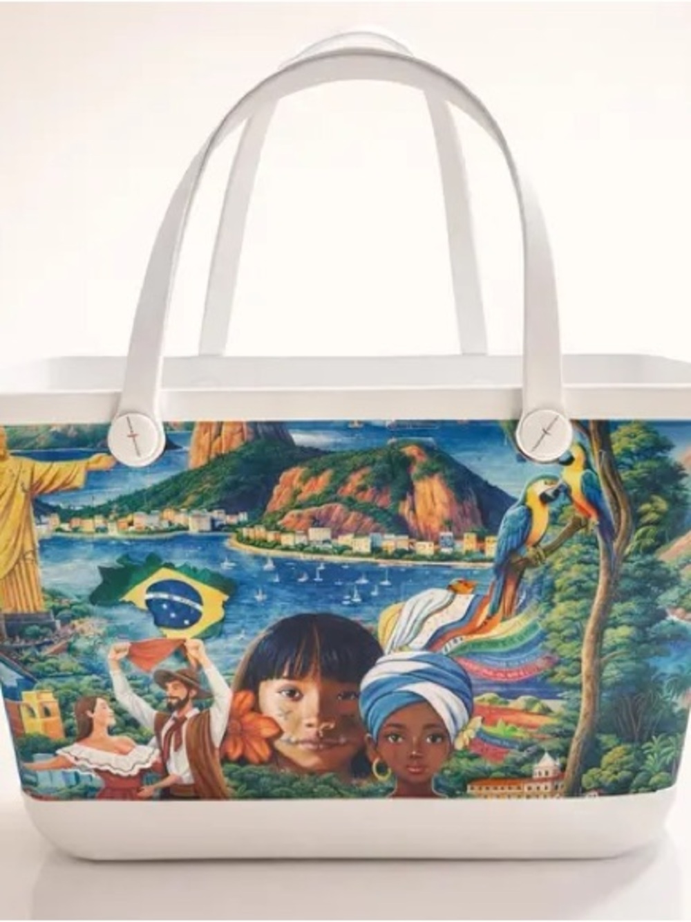 White Tote Bag with Multicolor Brazil-Inspired Print